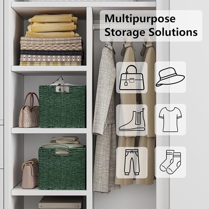 Wicker Storage Basket, Set of 2 Hand-Woven Paper Rope Wicker Basket, Foldable Cube Storage Bins, Square Large Storage Baskets for Organizing Shelves & Decor, Orange (13″×13″×13″) - Image 7