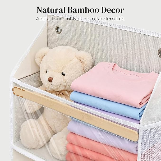 5 Tiers Natural Bamboo Over Door Organizer with 10 Mesh Side Pockets, 50 lbs Weight Capacity Hanging Storage Organizer with Clear Window Kids Toys, Shoes, Diapers, Warm Beige - Image 5