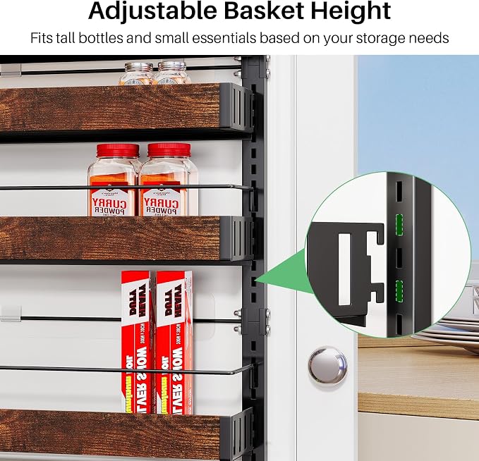 SNTD 8 Tiers Wooden Over Door Organizer, 17" W x 6" D x 69" H, Rustic Brown | Pantry Door Organizers and Storage, Height Adjustable Spice Rack, Dense Mesh Baskets, Anti-Swing, Adjustable Door Fastener - Image 4