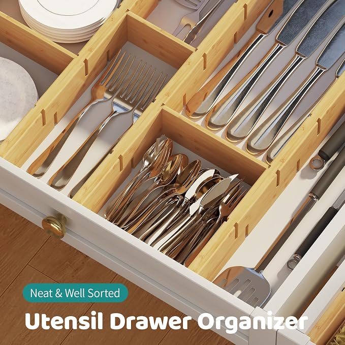6 Pack Bamboo Drawer Dividers with Inserts, Kitchen Adjustable Drawer Organizers, Expandable Organization for Home, Dressers, 6 Dividers with 12 Inserts - Image 4