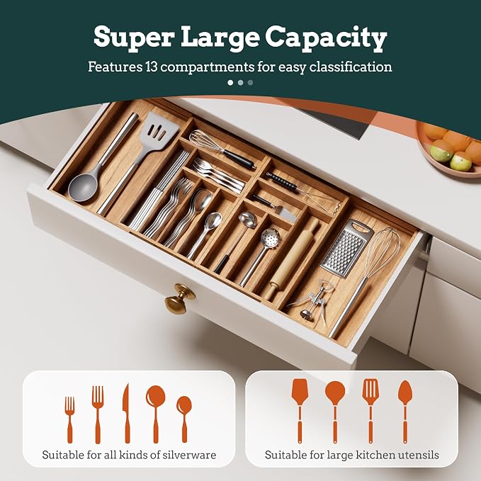 Silverware Organizer Large, Magnetic Connected Expandable 13 Slots Silverware Drawer Organizer From 21 to 37.4 Inches, Adjustable Flatware and Cutlery Holder, Bamboo Utensil Tray for Kitchen Acacia - Image 2