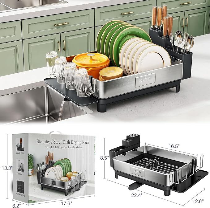 SNTD 304 Stainless Steel Dish Drying Rack for Small Kitchen Counter, Black | Rustproof, Large Capacity, Heavy-Duty Frame, Rotating Spout, Angled Drainboard, Removable Cup & Utensil Holder - Image 3