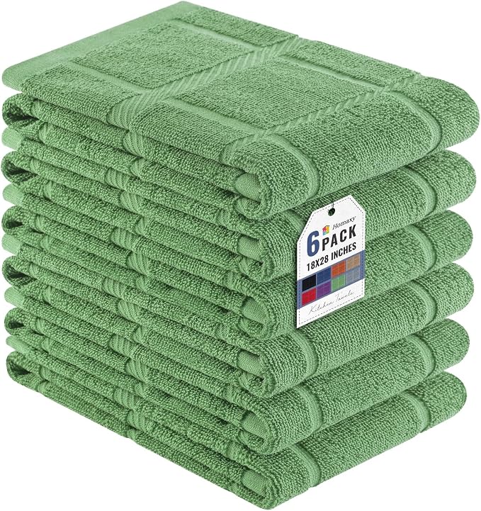Homaxy 100% Cotton Kitchen Towels 18"x28", 6 Pack Dish Towels, Grass Green | Large 380 GSM Soft and Absorbent Kitchen Hand Towels with Terry Grid Design, Utility Tea Towel Set with Hanging Loop by Homaxy