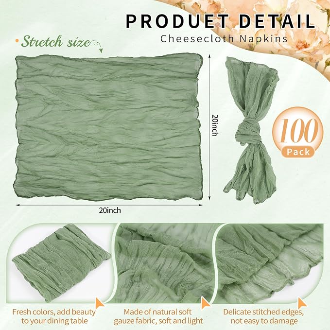 100 Pack Sage Green Cheesecloth Napkins 20"x20" Boho Washable Cloth Napkins Set of 100 Wrinkled Cheese Cloth Napkins Gauze Dinner Table Napkin for Wedding Party Baby Shower Birthday Decor - Image 2