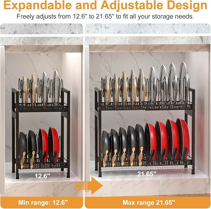 Housolution 2 Tier Expandable Pot and Pan Lid Organizer Holder Rack | 12"-20" Expandable, Adjustable Dividers, 2 DIY Methods for Flexible Storage - Image 2