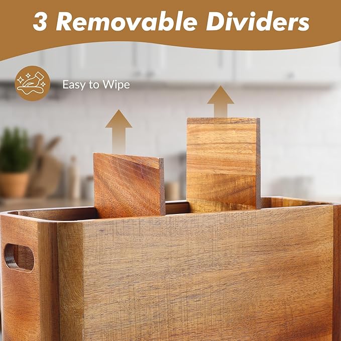 Kitchen Utensil Holder for Counter or Countertop, Extra Large Acacia Wood Organizer with 3 Compartments, Wooden Storage for Cooking and Silverware, Rustic Minimalist Decor, Sturdy Utensil Crock - Image 3