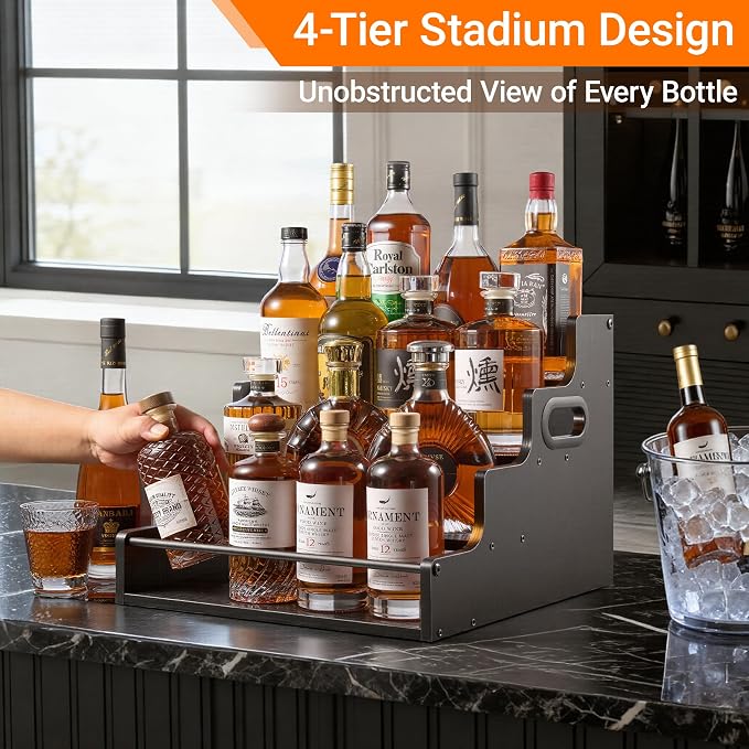 YQBRAO 2-Pack 4-Tier Liquor Bottle Display Shelf, 16-Inch, Black | Two racks hold up to 32 bottles total, with raised rows and side handles for large collections and entertaining spaces. - Image 2
