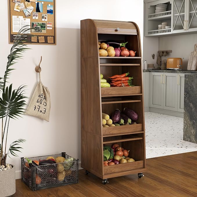 Movable Potato Storage Bins, Fruit Vegetable Basket, Kitchen Pantry Cabinet | Tall Large Potato and Onion Storage Bin, for Bread, Mid Century Modern, Wooden, with Sliding Door and Wheels, 4 Tier, Walnut - Image 9