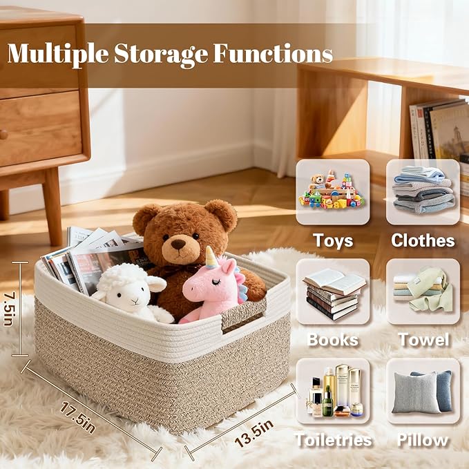 2 Pack Large Storage Basket for Organizing, 17.5"x13"x7" Woven Basket for Shelves, Closet Cube Storage Bins with Wrapped Handle, Cotton Rope Baskets for Kitchen, Clothes, Toys(Off White & Brown) - Image 3