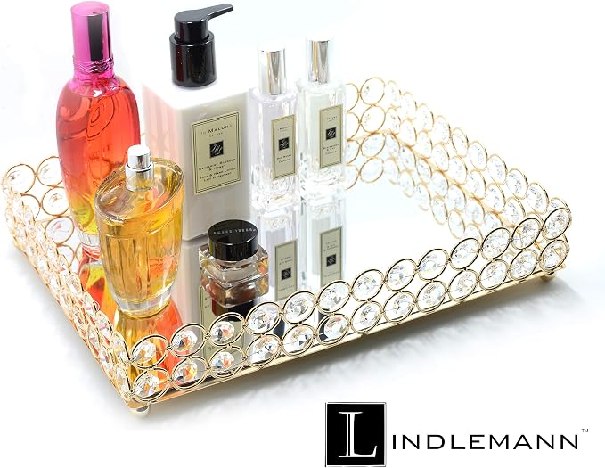 Decorative Tray Metal Mirrored Vanity Trays Crystal Ornate Perfume Jewelry Makeup Dish Dresser Countertop Organizer for Home Decoration & Holiday Party (Rectangle, 12x9in, Gold) - Image 3