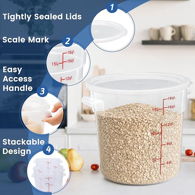 4 Pack 18QT Round Food Storage Containers with Lids | NSF, BPA-free PP containers with scale, label and measuring cup, stackable for prep, storage, freezer. Dishwasher safe - Image 5