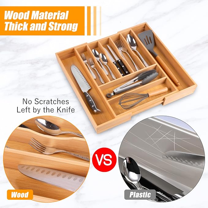 Large Premium Bamboo Silverware Organizer - Expandable Utensil Drawer Organizer - 17"x19.6" Utensil Holder and Cutlery Tray with Grooved for Kitchen Flatware and Utensils Mother's Day Gift - Image 5