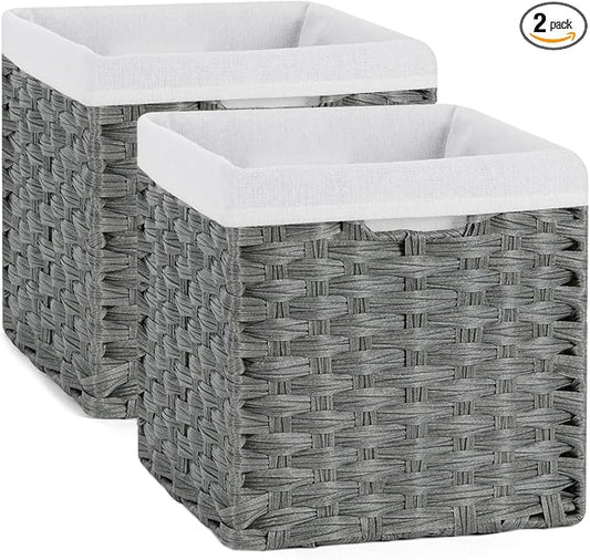 Bidtakay Wicker Baskets for Shelves Waterproof Imitation Wicker Cube Storage Bins with Liners for Organizing Closet Cabinet 11x11 inch Storage Cube Organizer for Pantry-Dark Grey 2-Pack by BidtakayBaskets