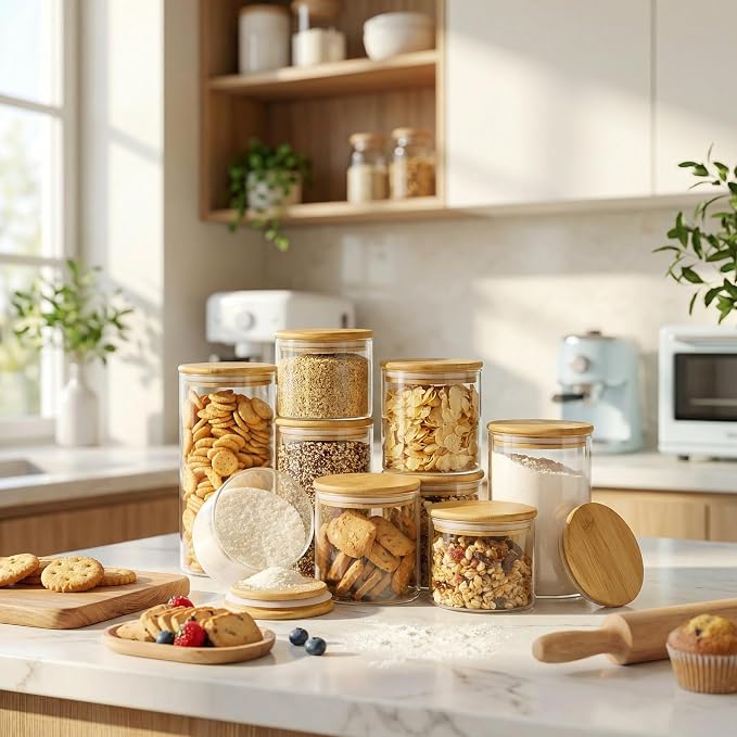 17 oz Glass Jars with Bamboo Lids, Airtight Food Storage Containers, 12Pack | Round Small Pantry Jars for Spices, Nuts & Seeds , 3mm Borosilicate Glass Canisters Keep Food Fresh, Easy to Fill & Clean - Image 6