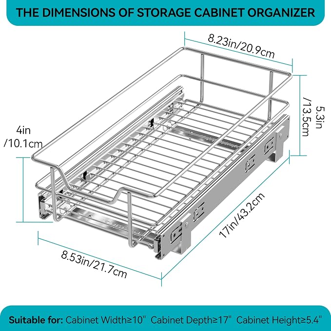 Pull Out Cabinet Organizer 9" W X 17" D, Chromed, Full Slide Out Drawers | For Kitchen Organizers and Storage, Pull Out Drawers For Cabinets Capacity Heavy Duty Caddy, Cabinet Shelves, Bathroom Pantry - Image 2