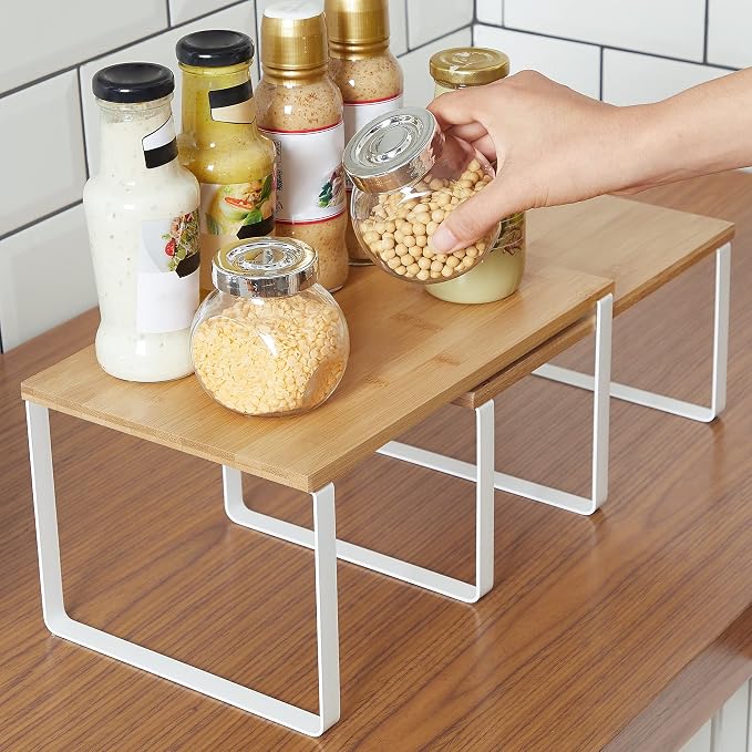 SONGMICS Kitchen Counter Organizers and Cabinet Shelves Bundle, Set of 4 Expandable Kitchen Cabinet Shelves, Metal and Bamboo, Black, Natural, and White UKCS02NB and UKCS02NW - Image 6