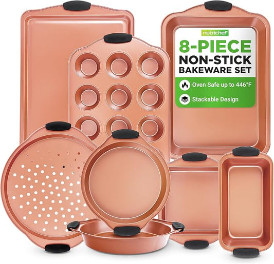 NutriChef 8 Piece Baking Pans Set - Nonstick Carbon Steel Bakeware Set w/ Silicone Heat-Safe Handles - Includes Loaf Pan, Muffin Pan, Cookie Sheets, Pizza Crisper, Roasting Pans - Rose Gold by NutriChef%E2%84%A2Kitchen