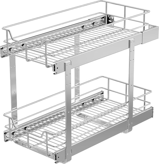 2 Tier Pull Out Cabinet Organizer 11" W X 22" D, Chromed, Full Slide Out | For Kitchen Organizers and Storage, Pull Out Drawers For Cabinets Capacity Heavy Duty Caddy, Cabinet Shelves, Bathroom Pantry by STORKING