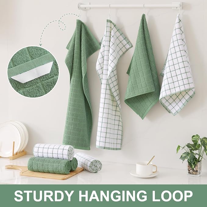 Homaxy Large Premium Cotton Kitchen Towels 16"x 28", 12 Pack, Grass Green | Natural Ring Spun 390 GSM Dish Towels, Super Absorbent Terry Kitchen Hand Towels, Soft Tea Towels with Hanging Loop - Image 6