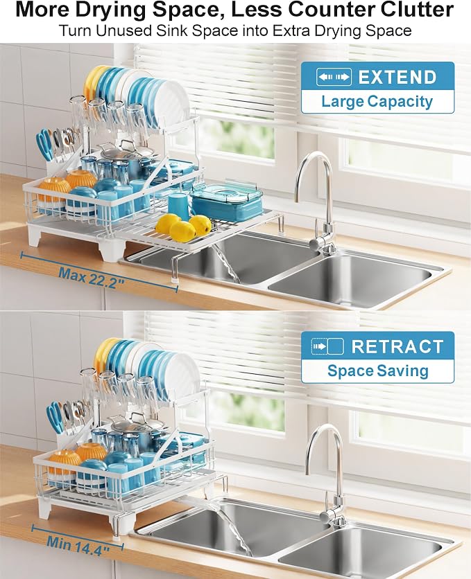 Large Expandable 2 Tier Dish Drying Rack - Over Sink & Counter Use | Extendable Drying Space, Auto-Drain Spout, Stable Screw-Fixed Frame, Cup & Utensil Holder, Rust-Resistant Kitchen Rack, White - Image 2