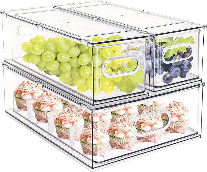 Set of 3 Stackable Refrigerator Organizer Bins Pull-Out Drawers for Fruit and Veggies Divided Storage Organizer for Fridge Clear Drawer Containers with Handle for Produce Saver, Eggs, Snack by MineSign
