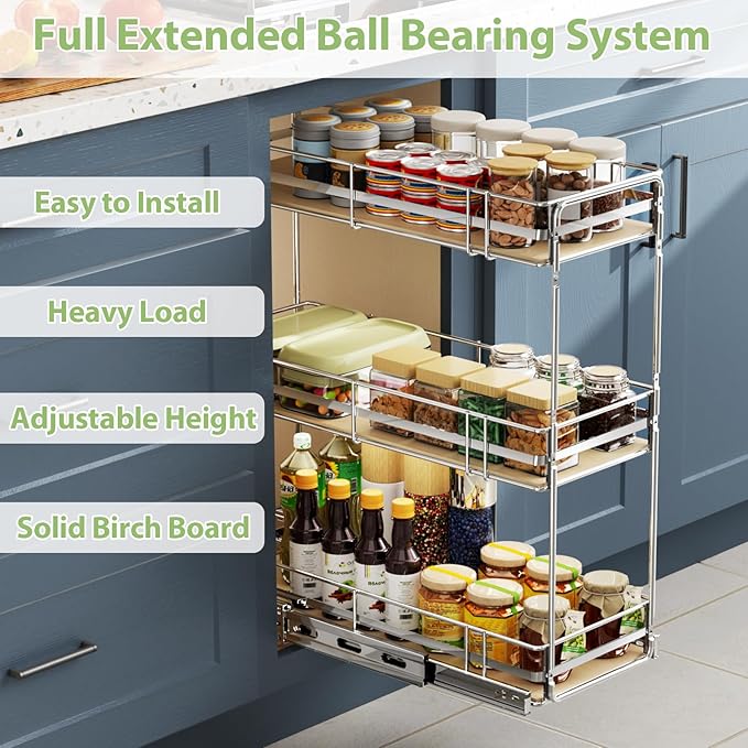 ROOMTEC 3-Tier Pull Out Cabinet Organizer Spice Rack for Narrow Cabinet 8" W x 20½" D, Slide Out Wood Shelves Storage for Kitchen - Image 2