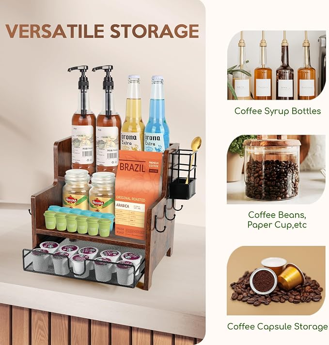 3-Tier Coffee Station Organizer for Countertop, Wood Coffee Bar Organizer with Drawer, Rustic Coffee and Tea Condiment Organizer, K-Cups Coffee Corner Organizer with 6 Hooks for Coffee Bar Accessories - Image 4