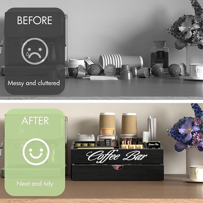 Suli 2-Tier Coffee Bar Station Organizer for Countertop,Extra large | Coffee Storage Basket for Kitchen Counter,Office,Hotel,Pod Holder with Drawer for Condiment Syrup,Tea Cup,Wooden,Rustic Black - Image 4