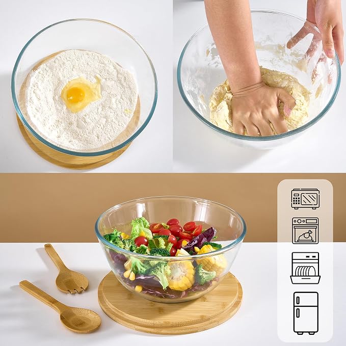 JOYMAY Glass Salad Bowl, 10.7inch Salad Bowl with Lid Thick Glass Mixing Bowls Serving Bowls, 4.7 Quart Large Salad Bowls with Bamboo Utensils, Trifle Bowl Fruit Bowl for Salad, Pasta, Microwave Safe - Image 3