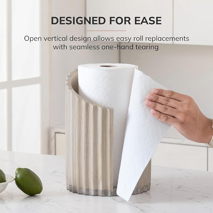 Anji Mountain Wooden Paper Towel Holder with Metal Holder, Holder Stand for Kitchen Roll Organizer & Kitchen Dining Table Home Décor, Countertop Fits Jumbo & Mega Rolls - Whitewash/Nickel, Fluted - Image 5