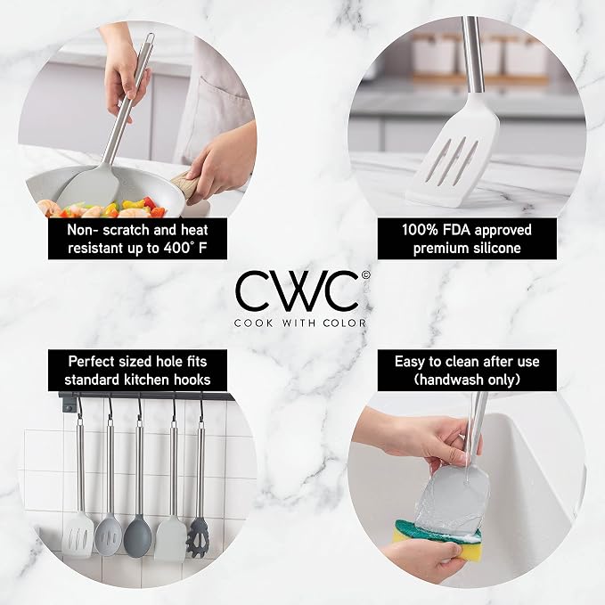 COOK WITH COLOR Silicone Cooking Utensils, Kitchen Utensil Set, Easy to Clean Silicone Kitchen Utensils, Cooking Utensils for Nonstick Cookware, Kitchen Gadgets Set, 5 Pieces, Grey Ombre - Image 3