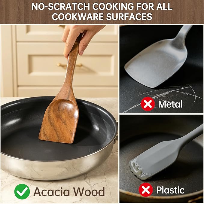 12 PCS Natural Acacia Wooden Utensil Set Wooden Spoons for Cooking | Non-Toxic, Nonstick Safe, Sturdy & Easy to Clean, Comes with Holder, Spoon Rest & 6 Hooks, Perfect Practical Kitchen Gift - Image 7
