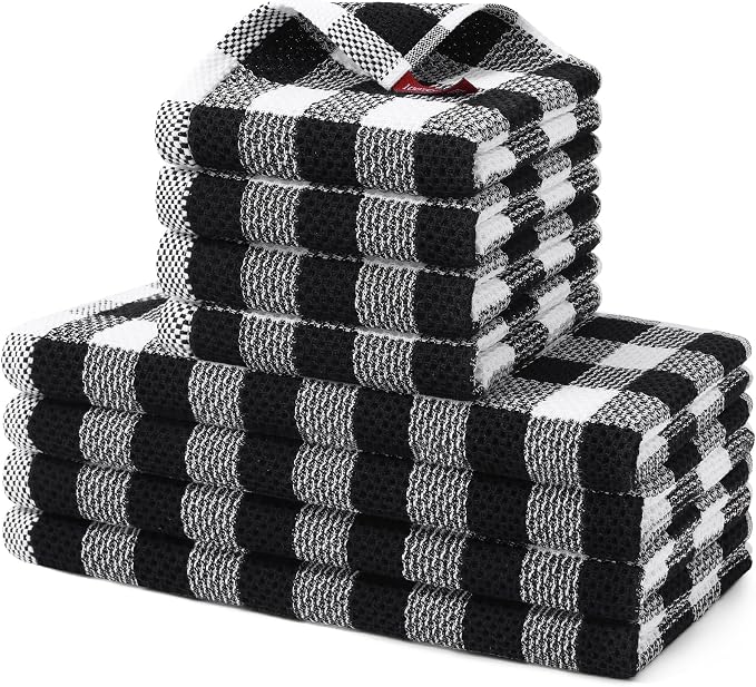 Homaxy Kitchen Towels and Dishcloths Set, Set of 8, Black & White | Bulk Cotton Waffle Weave Check Plaid Kitchen Towels, Super Soft and Absorbent Dish Cloths, 12 x 12 and 13 x 28 Inches by Homaxy
