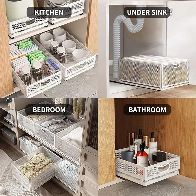 Sliding Cabinet Basket Organizer Drawer Self Adhesive Slide out Pantry Shelves Heavy Duty Carbon Steel Slide Cabinet Storage Basket with Handle for Bathroom Kitchen Home - Image 6