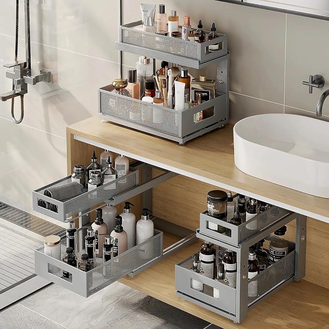 2 Pack 15.74IN-Depth Under Sink Organizer With Next-Gen Ball-Bearing Slides,2-Tier Pull Out Cabinet Storage,Height Adjustable Drawer Shelf for Bathroom,Kitchen,Laundry,Cabinet,Pantry-Gun Gray - Image 7