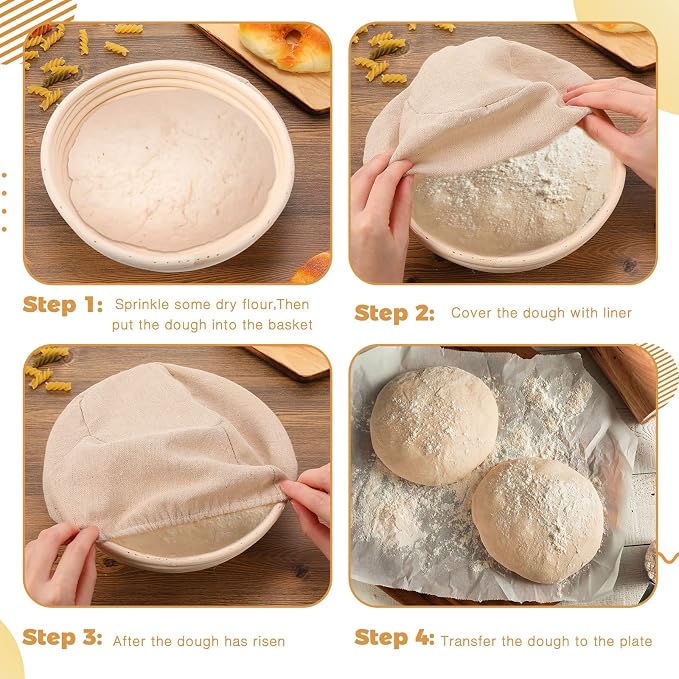 Nuogo 5 Pack Banneton Bread Proofing Basket 8.5 Inch Round Sourdough Proofing Basket Bowl with Liners and Scatters for Home Making Bread Bakers Baking - Image 4