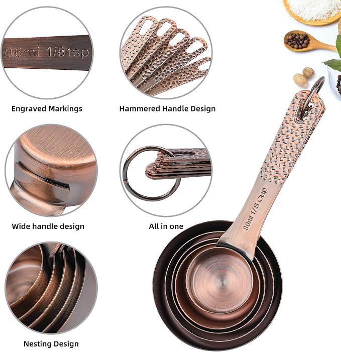Measuring Cups and Spoons Set 14, Copper Measuring Cups and Spoons Set for Dry & Liquid, Metric & US Stainless Steel 6 Measure Cups and 7 Spoons Set w/Leveler for Kitchen & Baking - Image 6
