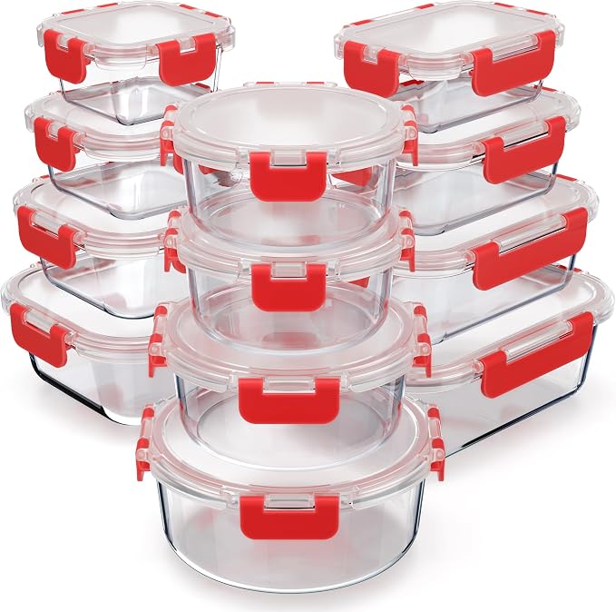 Bakken Borosilicate Glass Food Storage Containers with Lids 24 Pieces, BPA-Free Stackable Lunch & Leftover Containers, Microwave, Freezer & Dishwasher Safe, 100% Airtight Leak-Proof, Red by BAKK%C3%8BNMASTER
