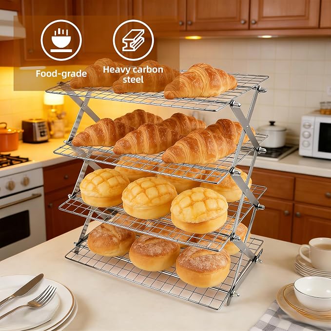 4 Tier Collapsible Cooling Rack Sourdough Cooling Rack 17"x10" | Cooling Racks for Cooking and Baking, Roasting, Grilling, Adjustable 6 Setting Design stackable, Oven & Dishwasher Safe - Image 2