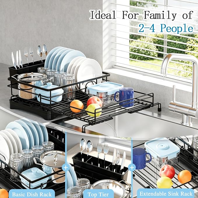 Expandable Dish Drying Rack for Kitchen Counter, Large Capacity Dish Rack with 360° Rotatable Drain Spout & Utensil Holder, Stainless Steel Dish Drainer for Kitchen Sink, Black - Image 2