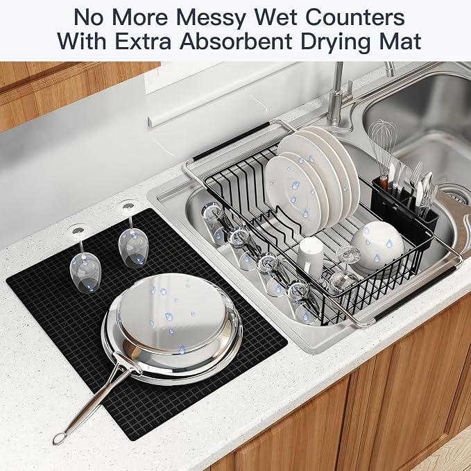 Dish Drying Rack Over The Sink with Utensil Holder, Mat | Expandable Stainless Steel Dish Drainer for Small Kitchen, Apartment, RV, Counter Space Saving, Perfect Fit, Rustproof - Image 5