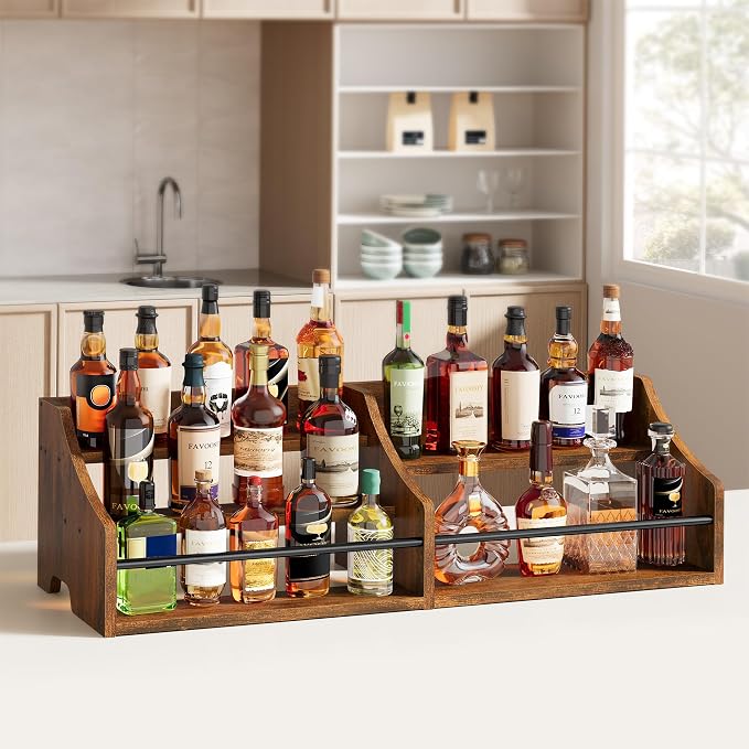 FAVOOSTY 5 Tier Countertop Liquor Bottle Display Shelf Organizer, Retro Tabletop Wine Rack Stand, Storage Holder for Whiskey, Spirits, Coffee Syrup, Mini Home Bar & Liquor Cabinet, Rustic Brown - Image 4