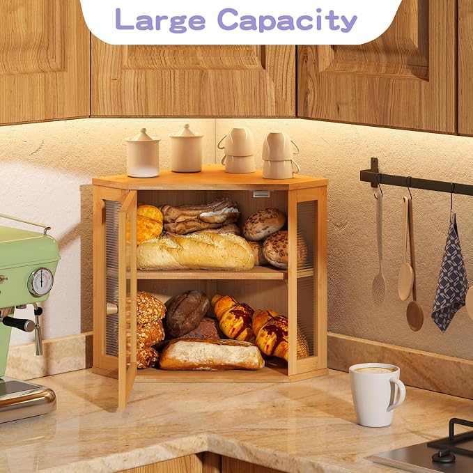 Corner Bread box for Kitchen Countertop,Farmhouse Bread Box with Acrylic Wavy Door Panel,Large Bread box for kitchen countertop,Kitchen Countertop Food Storage Container (Natural, Meduim) - Image 5