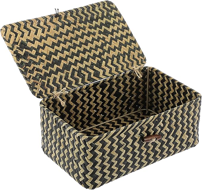 Hipiwe Seagrass Storage Baskets with Lid Woven Wicker Storage Bins for Organizing Natural Rectangular Home Organizer for Bedside Living Room Entryway Table,10.2" x 6.3" x 3.9" by Hipiwe