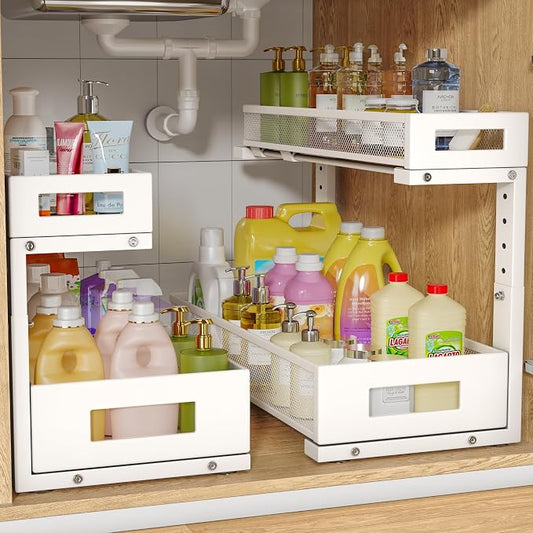 2 Pack 19IN Depth Under Sink Storage Organizer, Large 2-Tier Elegant Mesh Pull Out Shelf for Kitchen and Bathroom Cabinet Organization, L-Shaped and Adjustable Height Design-White by UnderSinkOrganizer