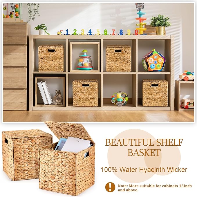 Jinei 6 Pcs Wicker Storage Basket Bulk 10 x 10 x 10 Inch Handwoven Water Hyacinth Cube Bin with Handles Woven Laundry for Organizer Shelves Wood Color - Image 5