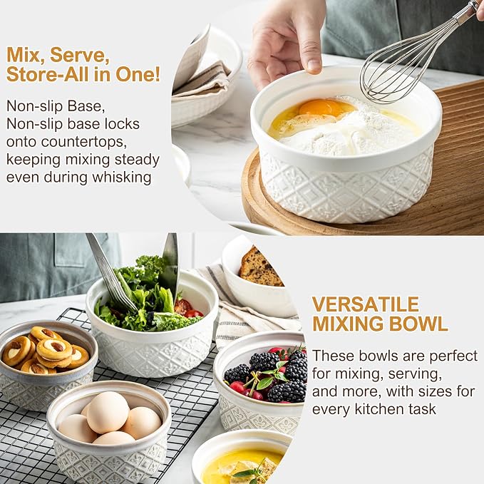 Large Mixing Bowls with Airtight Lids, Classic White Porcelain Embossed Nesting Salad Bowls for Baking and Cooking, 12/16/28/40oz Serving Bowls Set of 4, Oven and Dishwasher Safe, Thanksgiving Gift - Image 3