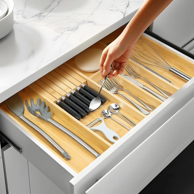 VaeFae Bamboo Silverware Drawer Organizer, 6 Slots, Natural | Expandable, Kitchen Utensil Organizer, Removable Knife Block, Cutlery Tray with Divider, Fork and Spoon Holder - Image 3