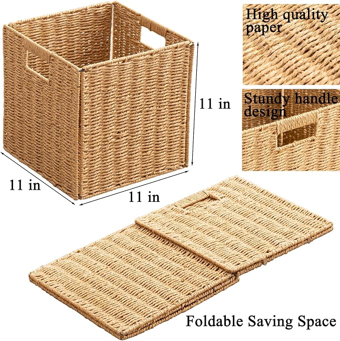 Foldable Storage Baskets with Handles Paper Rope Storage Baskets Rectangle Collapsible Hand Woven Storage Cubes Bins for Organizing Shelves Living Room Bedroom Pantry (3, 11'' x 11'' x 11'') - Image 2