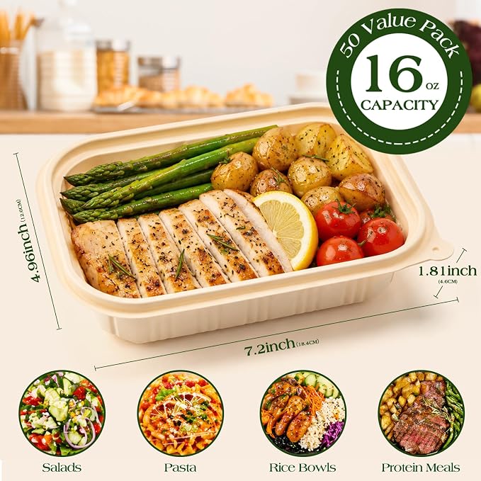 100 Piece (50 Pack) Meal Prep Containers with Lids, 16 oz Cornstarch Small Food Storage Containers Plant-based Lunch Box for Salad, BPA Free Plastic Disposable Take Out Boxes Microwave & Freezer Safe - Image 7